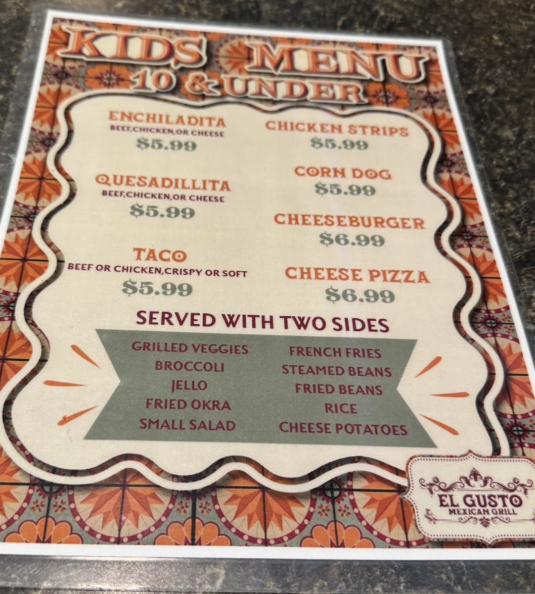 El Gusto Mexican Grill menu board