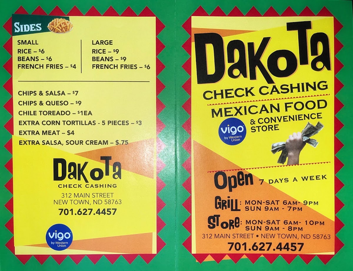 Dakota Check Cashing & Service menu board