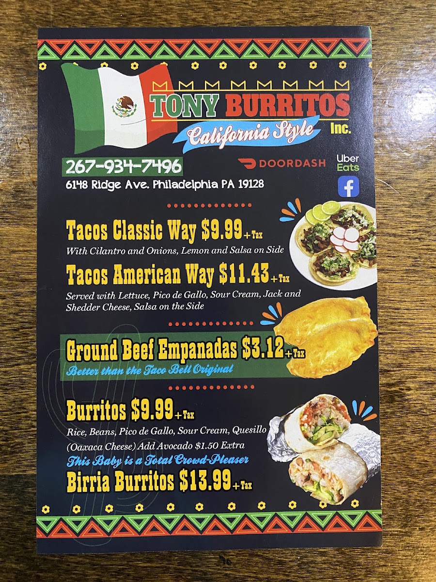 Tony Burritos California menu board