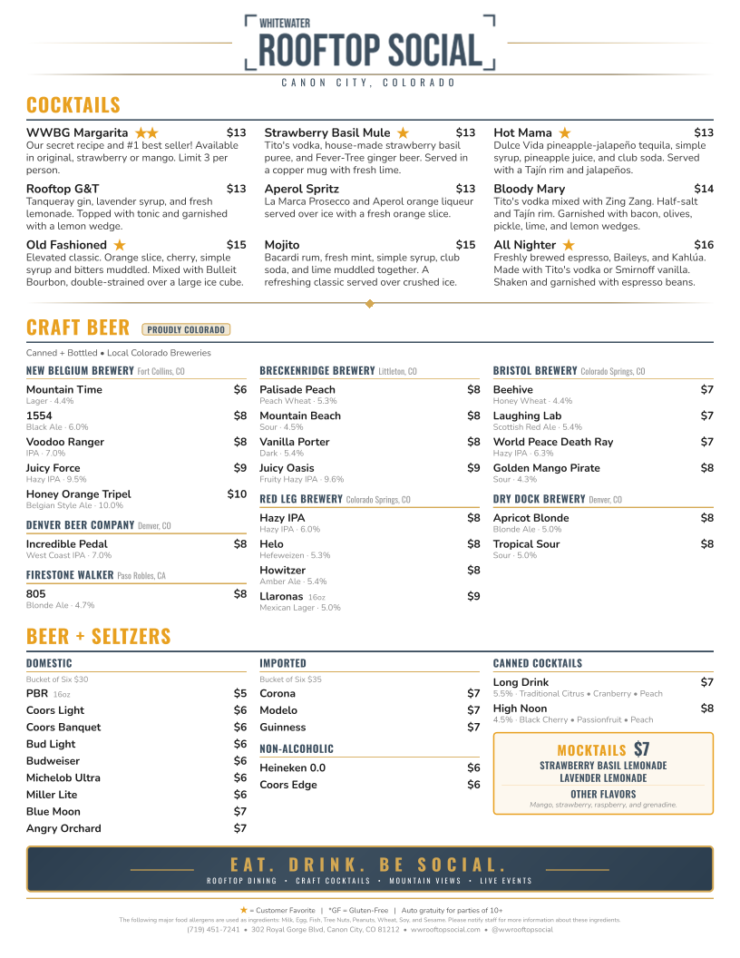 Whitewater Rooftop Social menu board