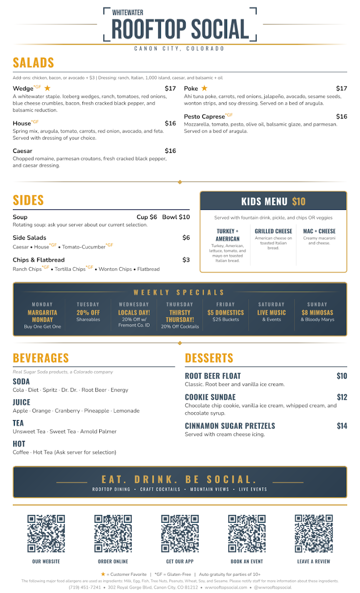 Whitewater Rooftop Social menu board