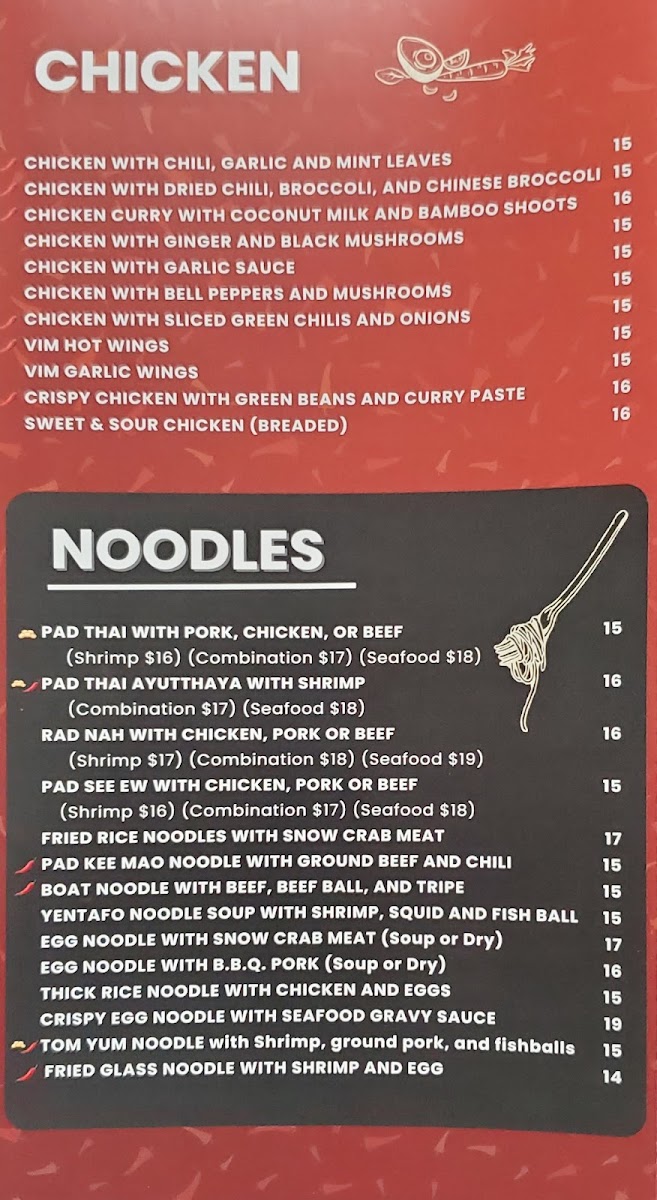Vim Thai Restaurant menu board