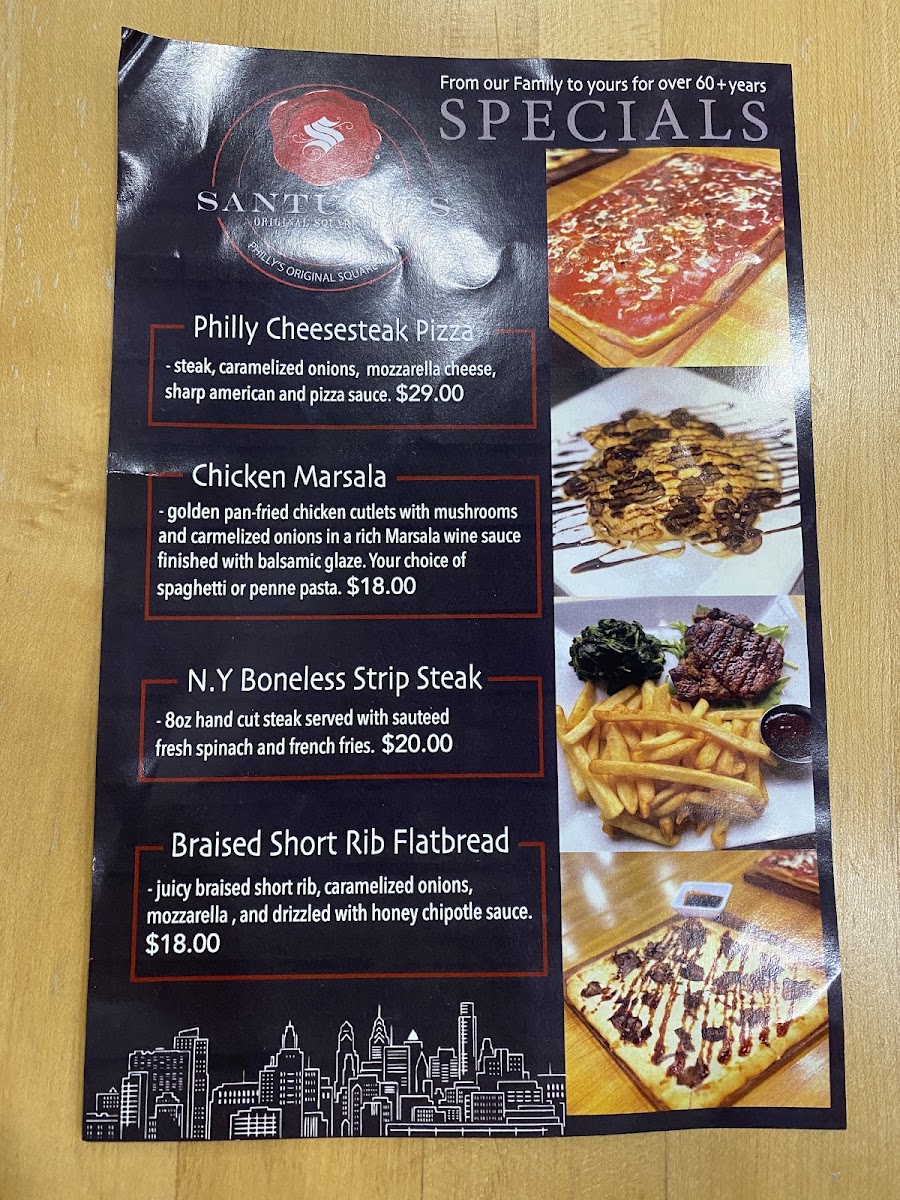 Santucci's Original Square Pizza menu board