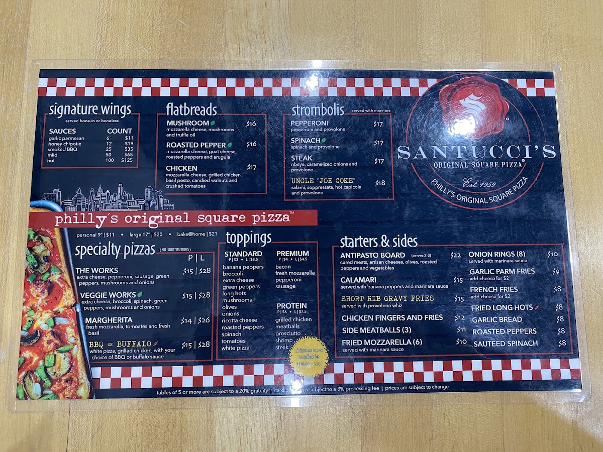 Santucci's Original Square Pizza menu board