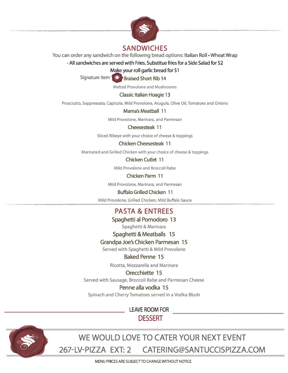 Santucci's Original Square Pizza menu board