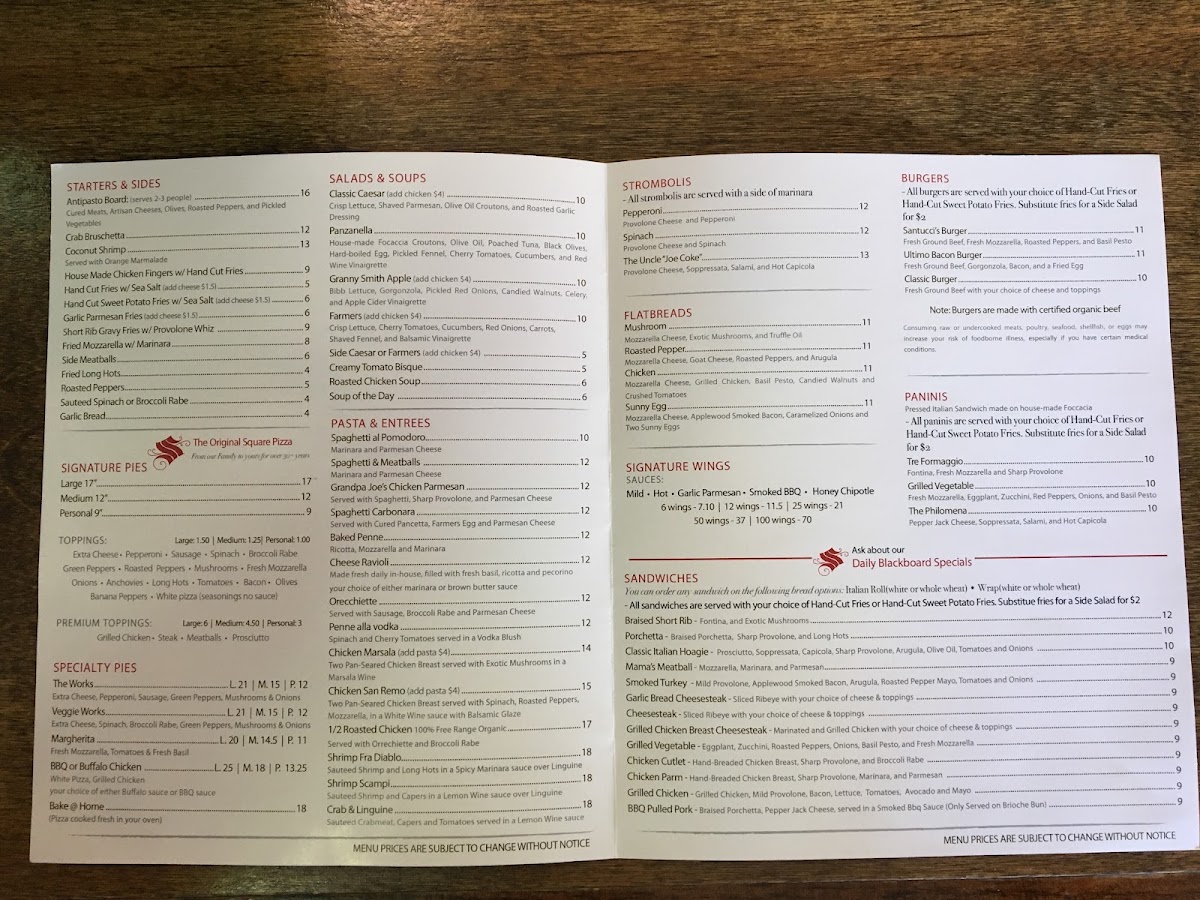 Santucci's Original Square Pizza menu board