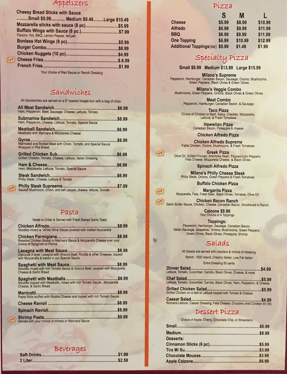 Milano Pizza Hallsville menu board