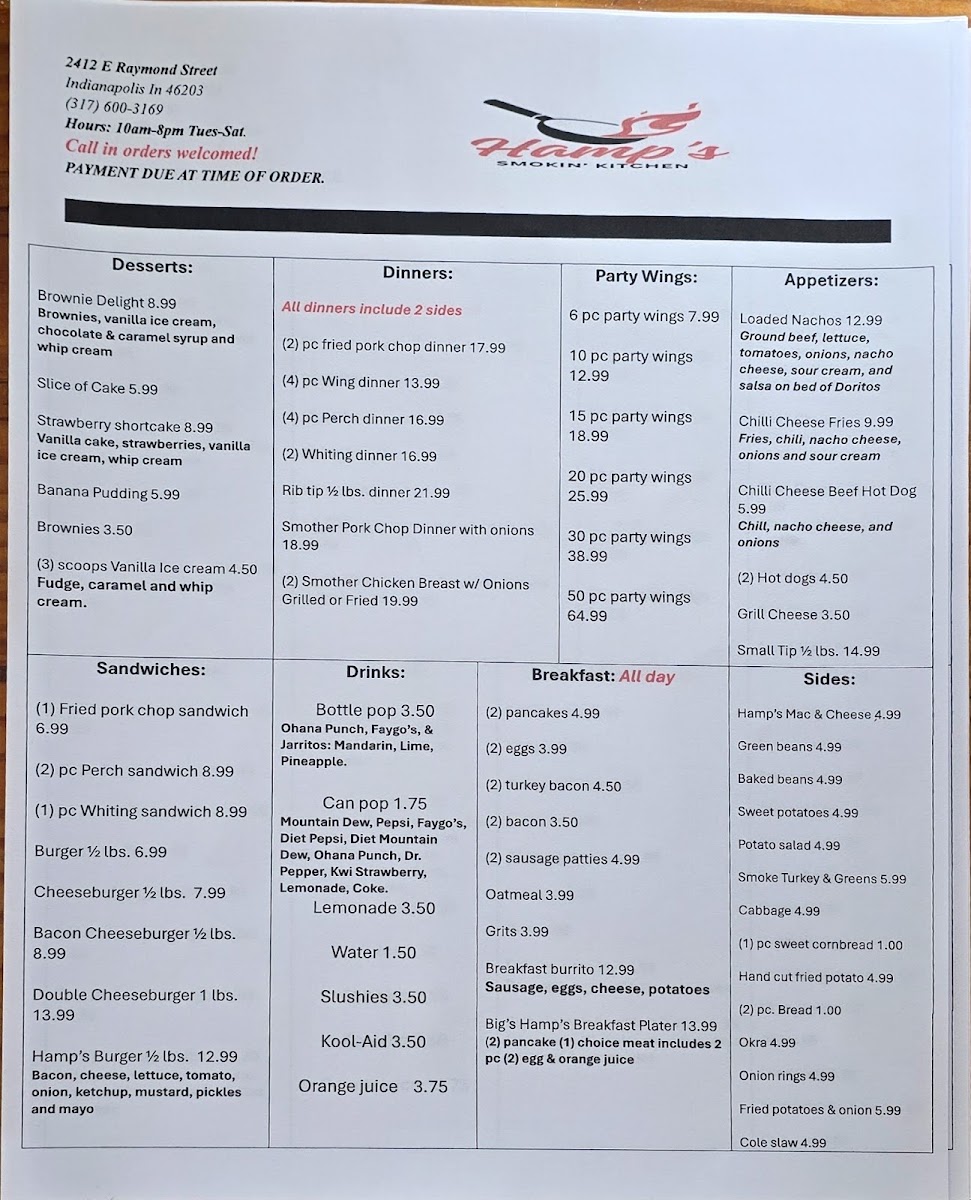 HAMP'S SMOKIN KITCHEN menu board