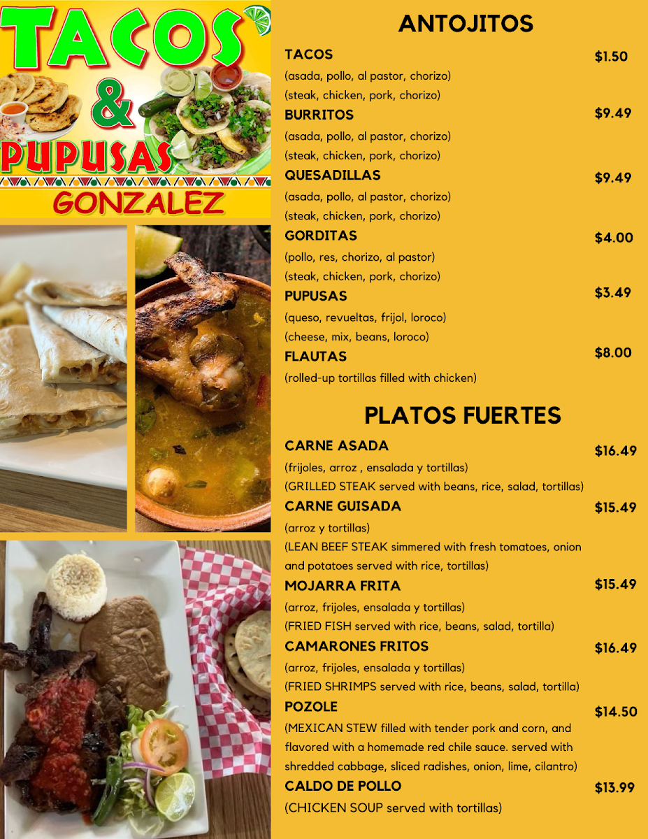 Tacos & Pupusas Gonzalez menu board