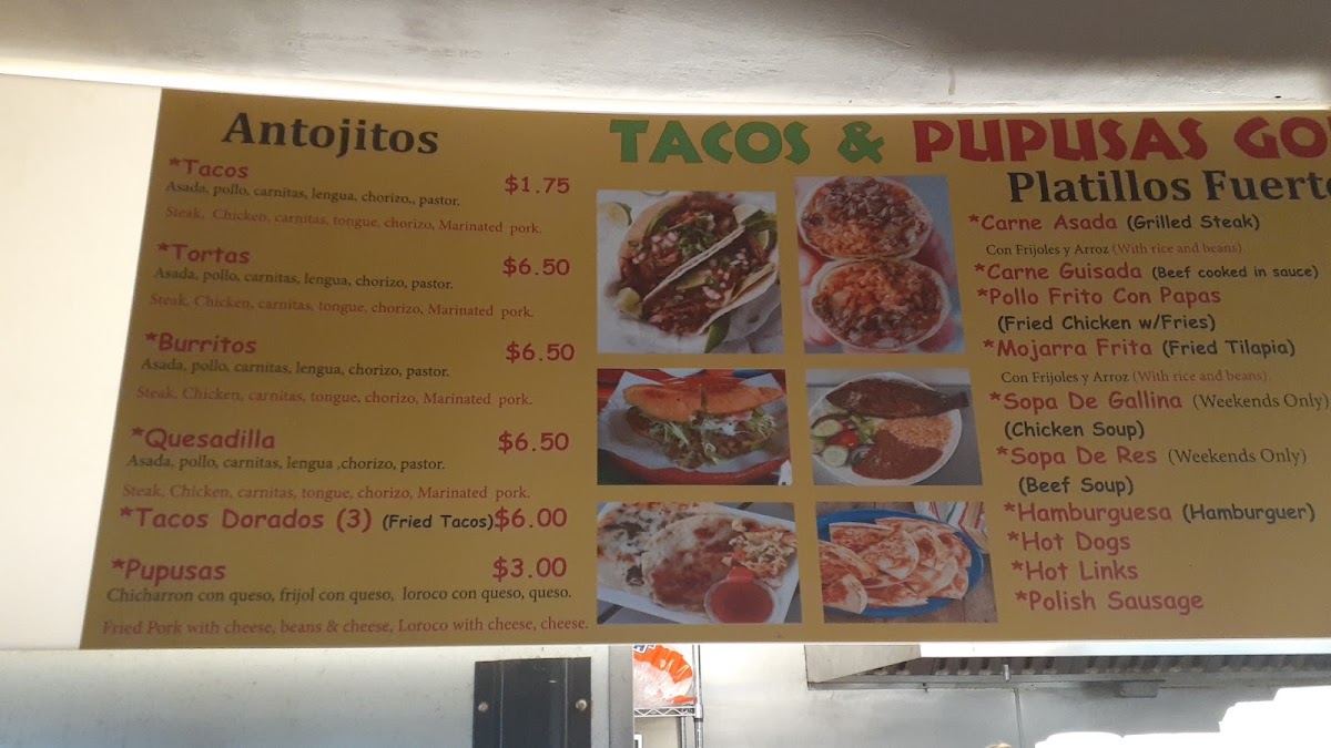 Tacos & Pupusas Gonzalez menu board
