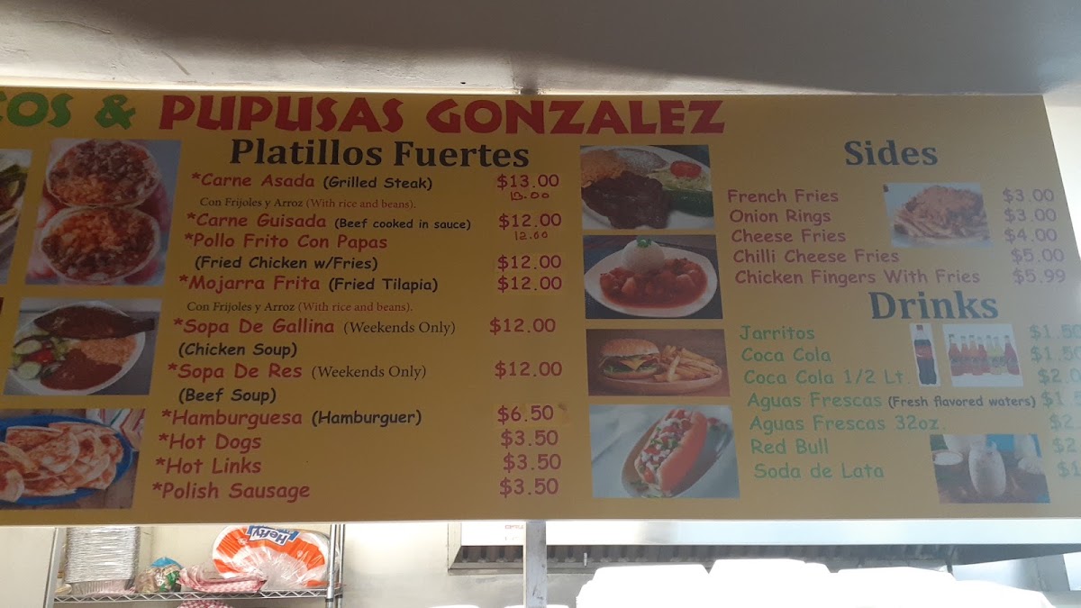 Tacos & Pupusas Gonzalez menu board