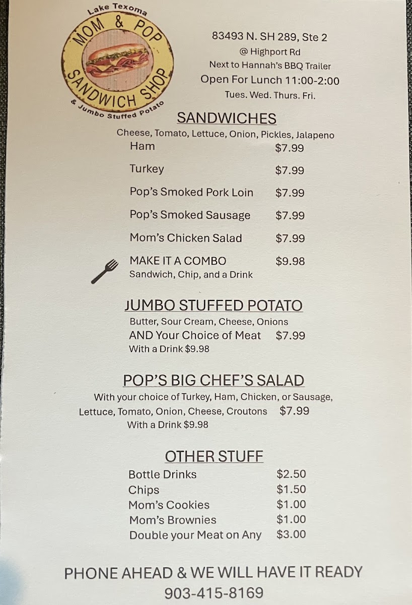 Mom and Pop Sandwich Shop menu board