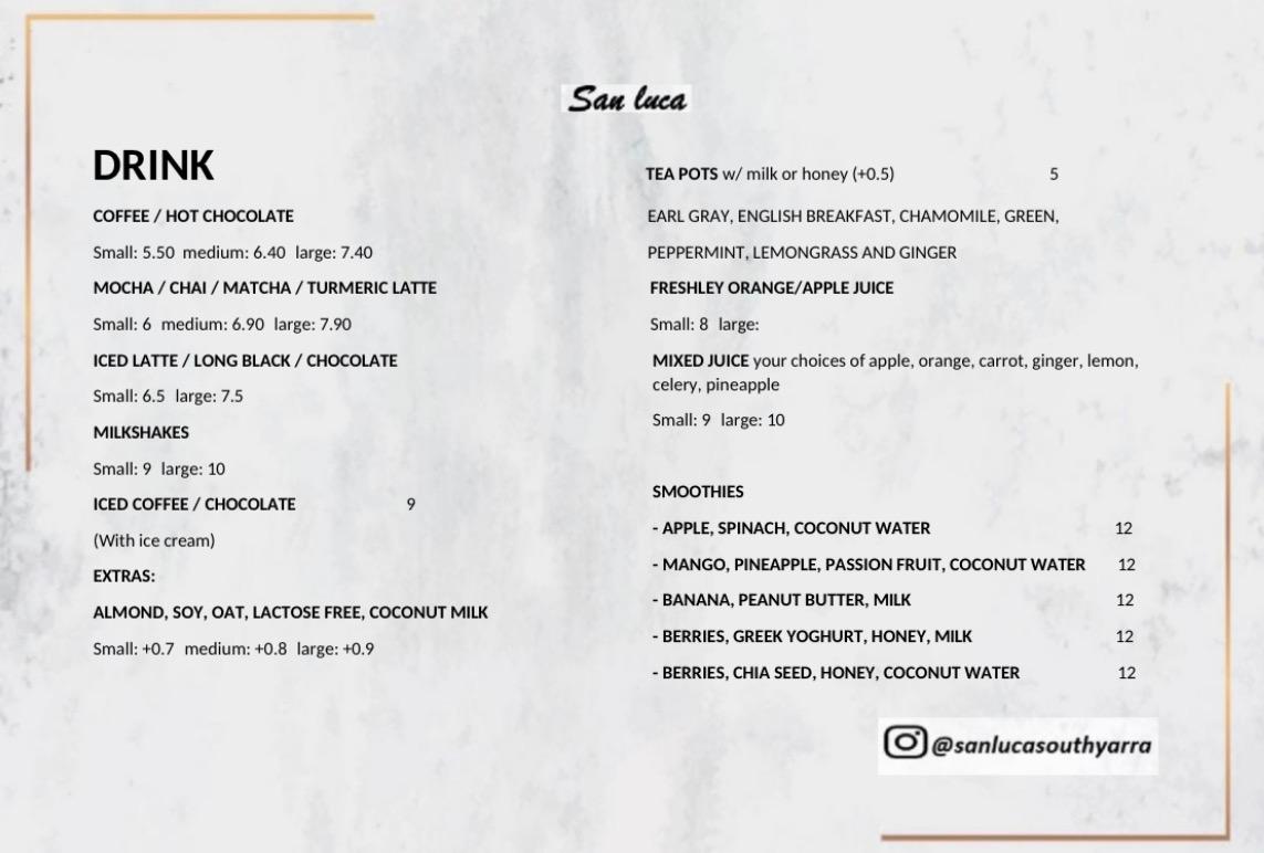 San Luca Cafe menu board