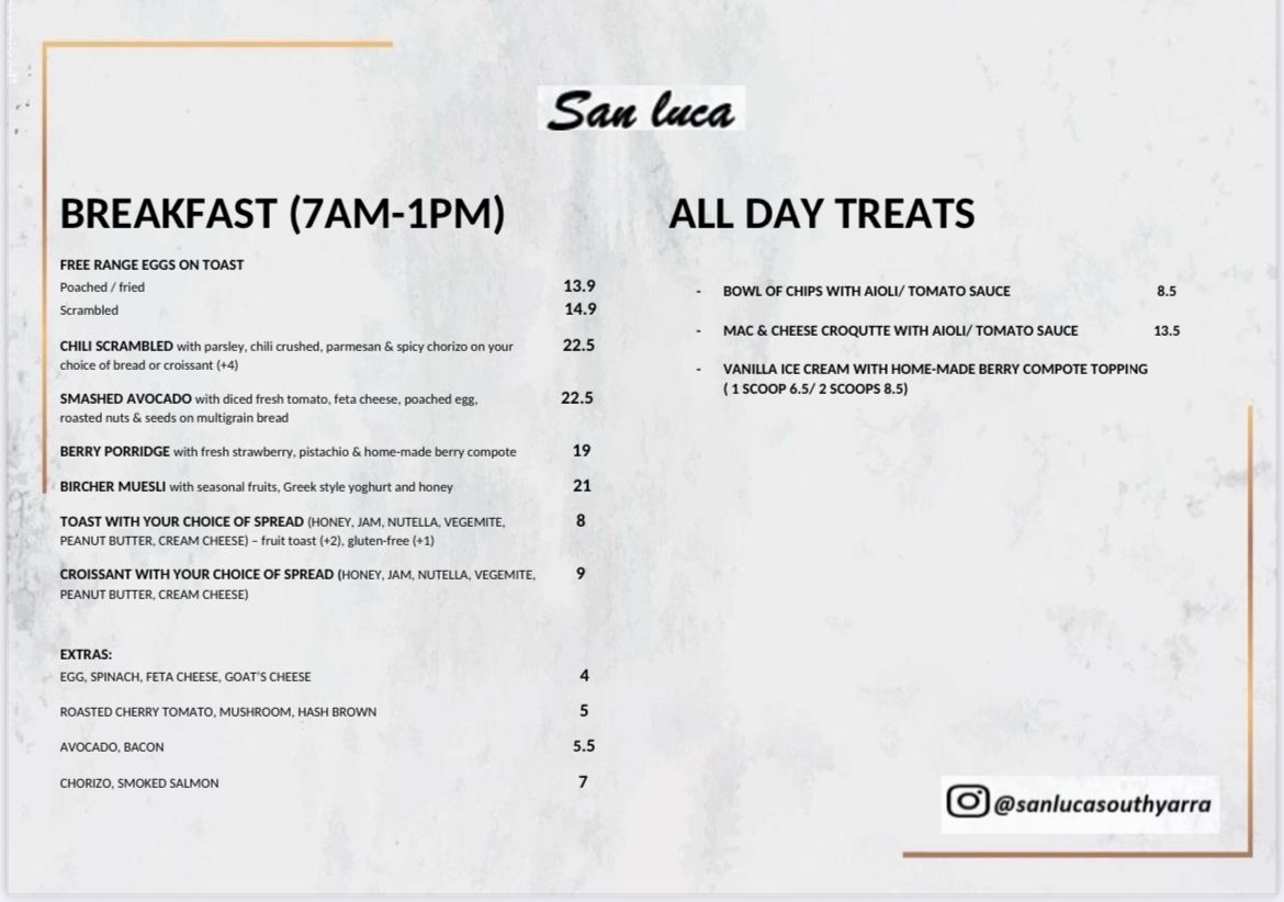 San Luca Cafe menu board