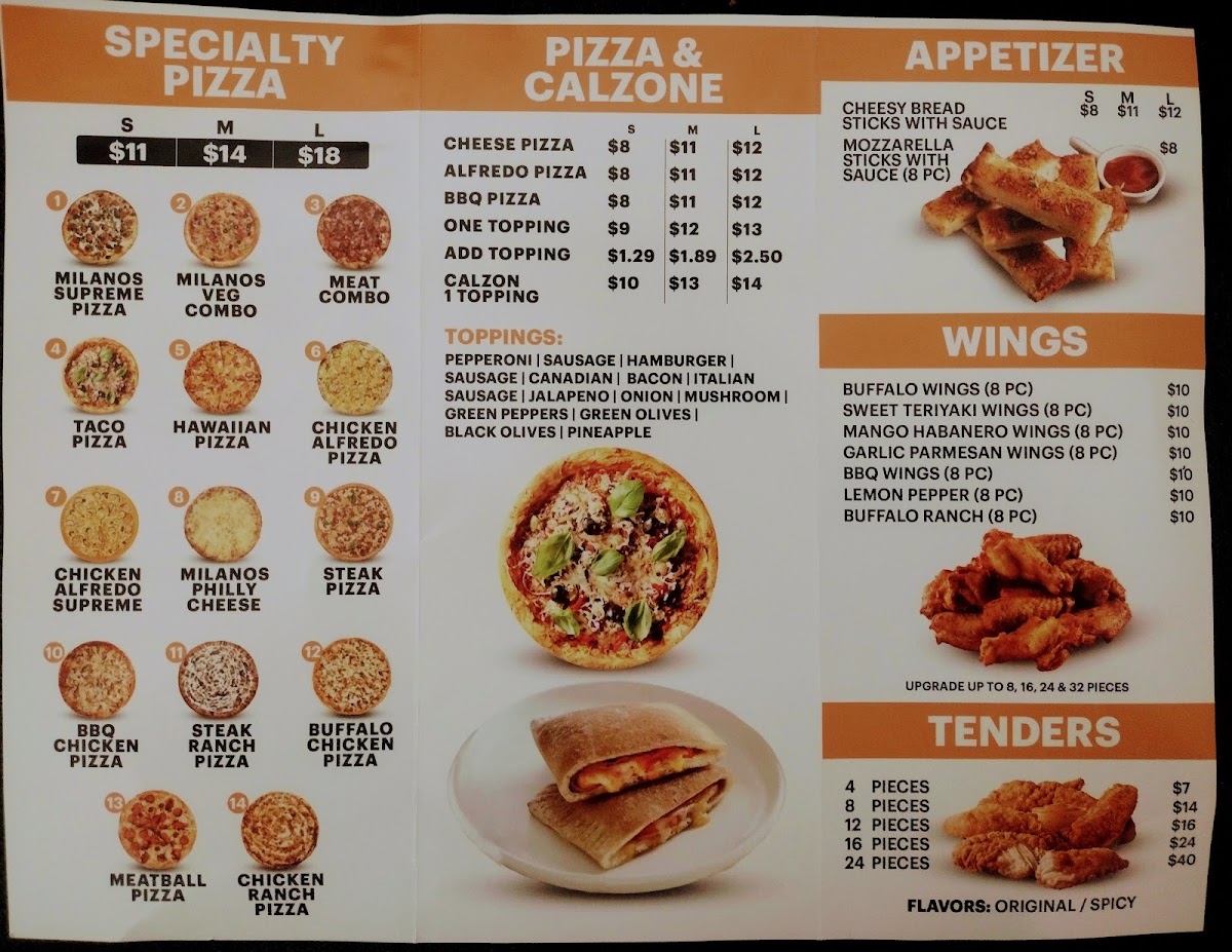Milanos pizza menu board