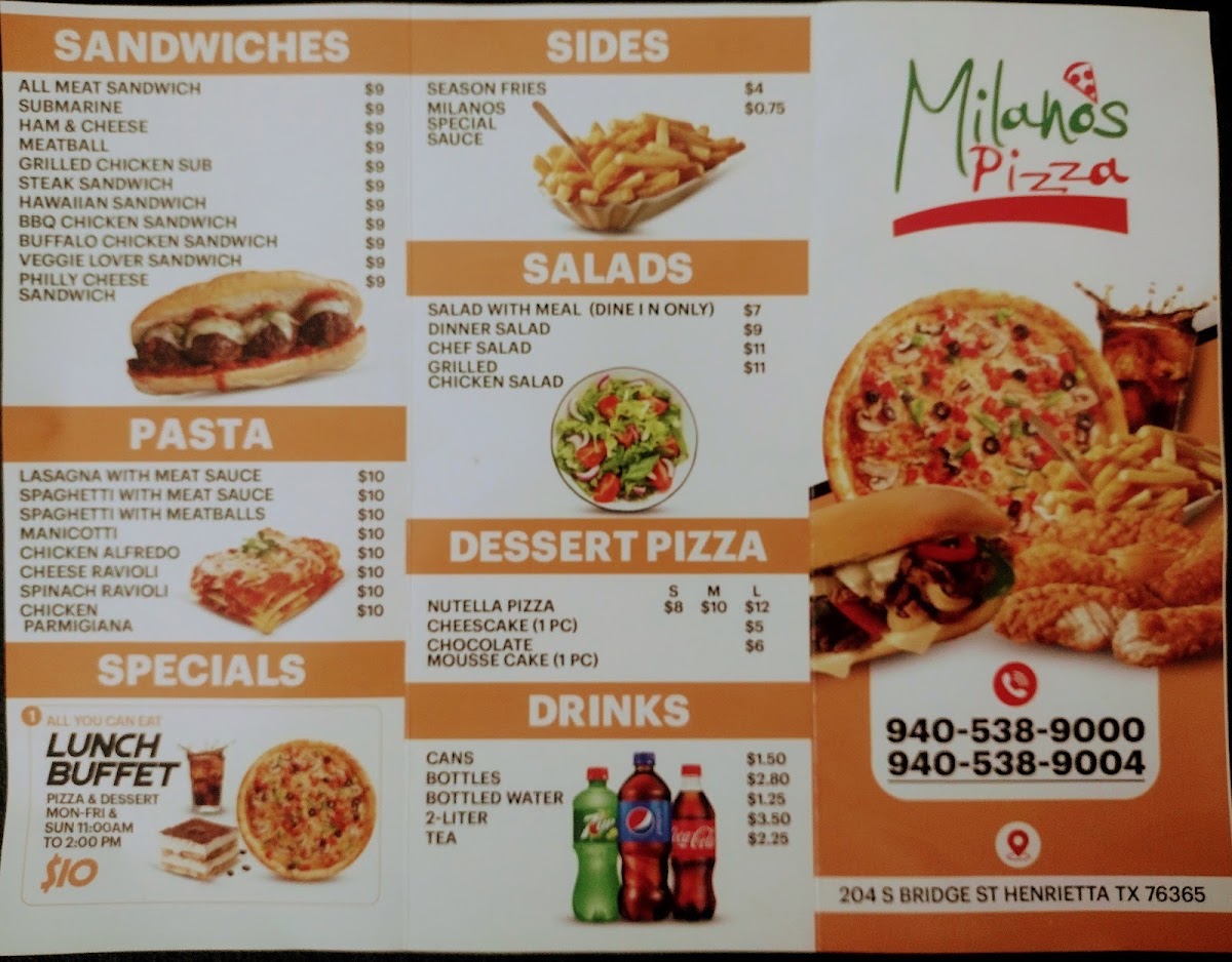 Milanos pizza menu board