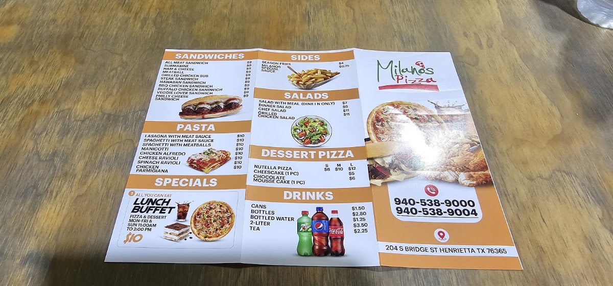 Milanos pizza menu board