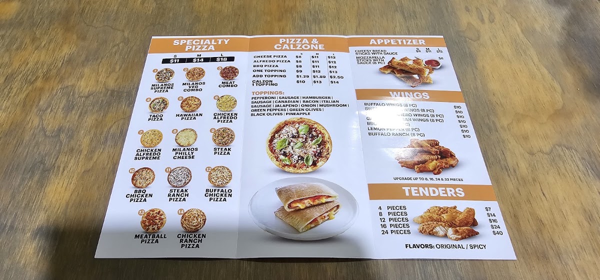 Milanos pizza menu board