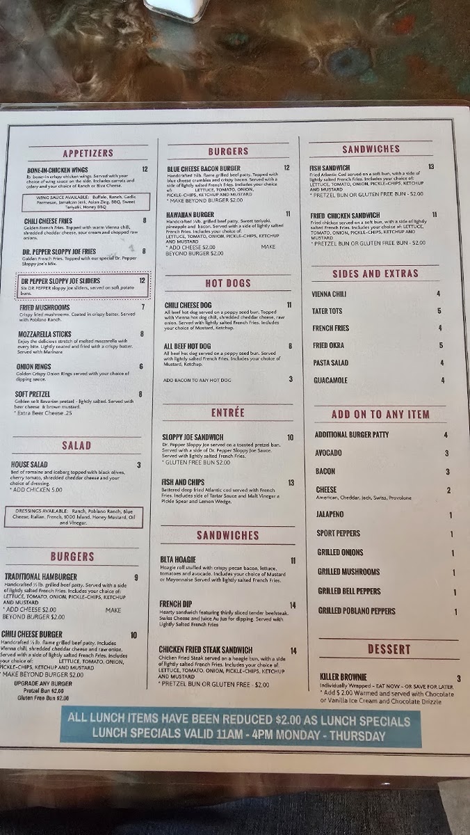 Sloppy Joes Bar & Grill menu board