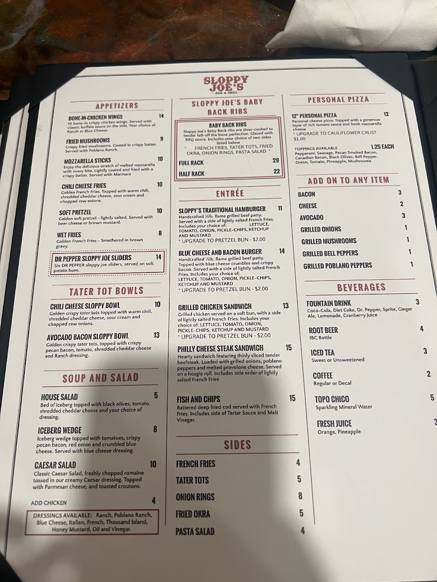 Sloppy Joes Bar & Grill menu board
