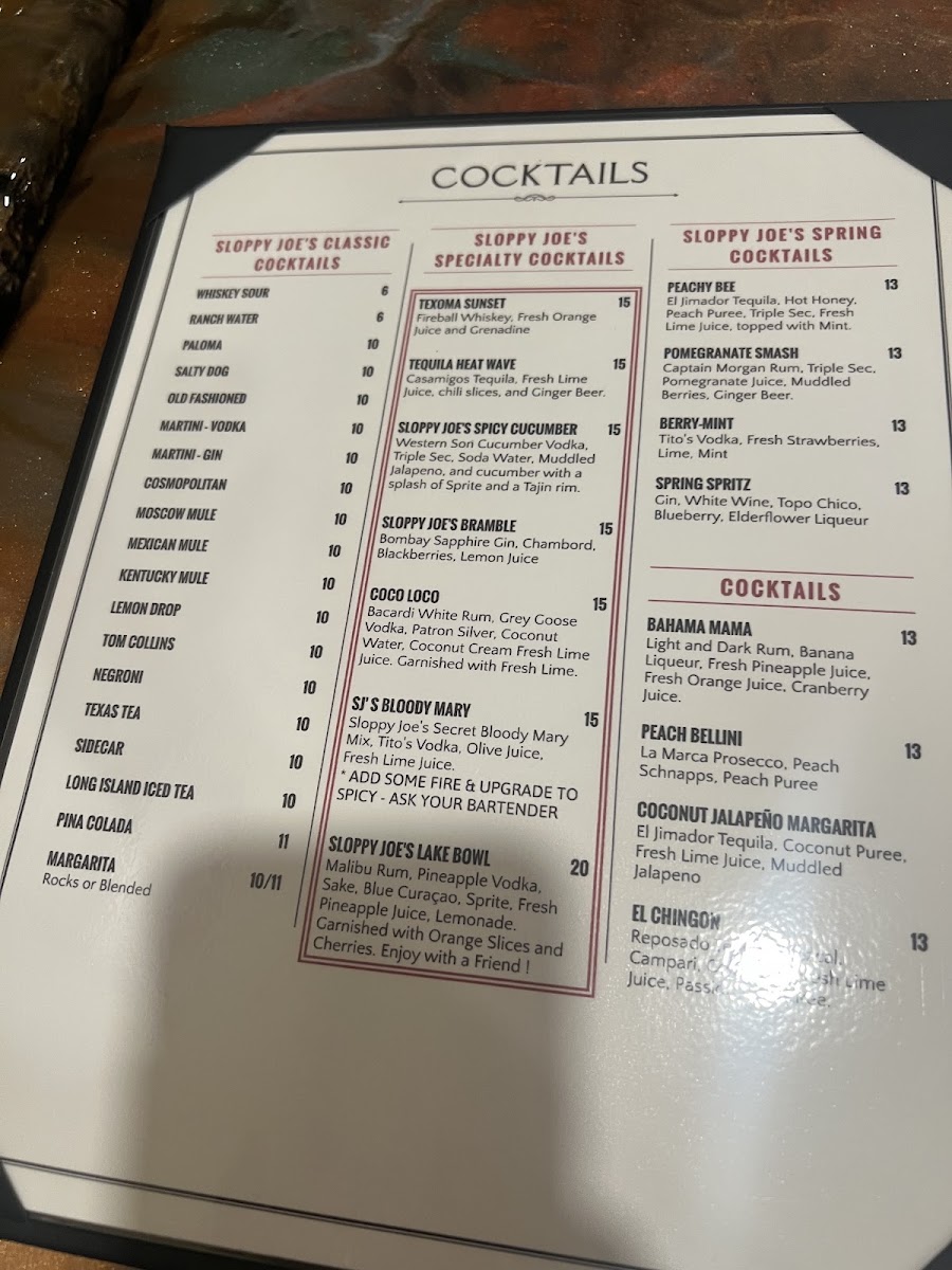 Sloppy Joes Bar & Grill menu board