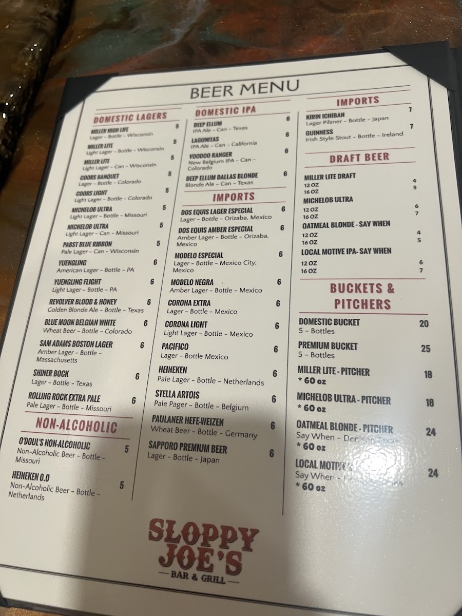 Sloppy Joes Bar & Grill menu board