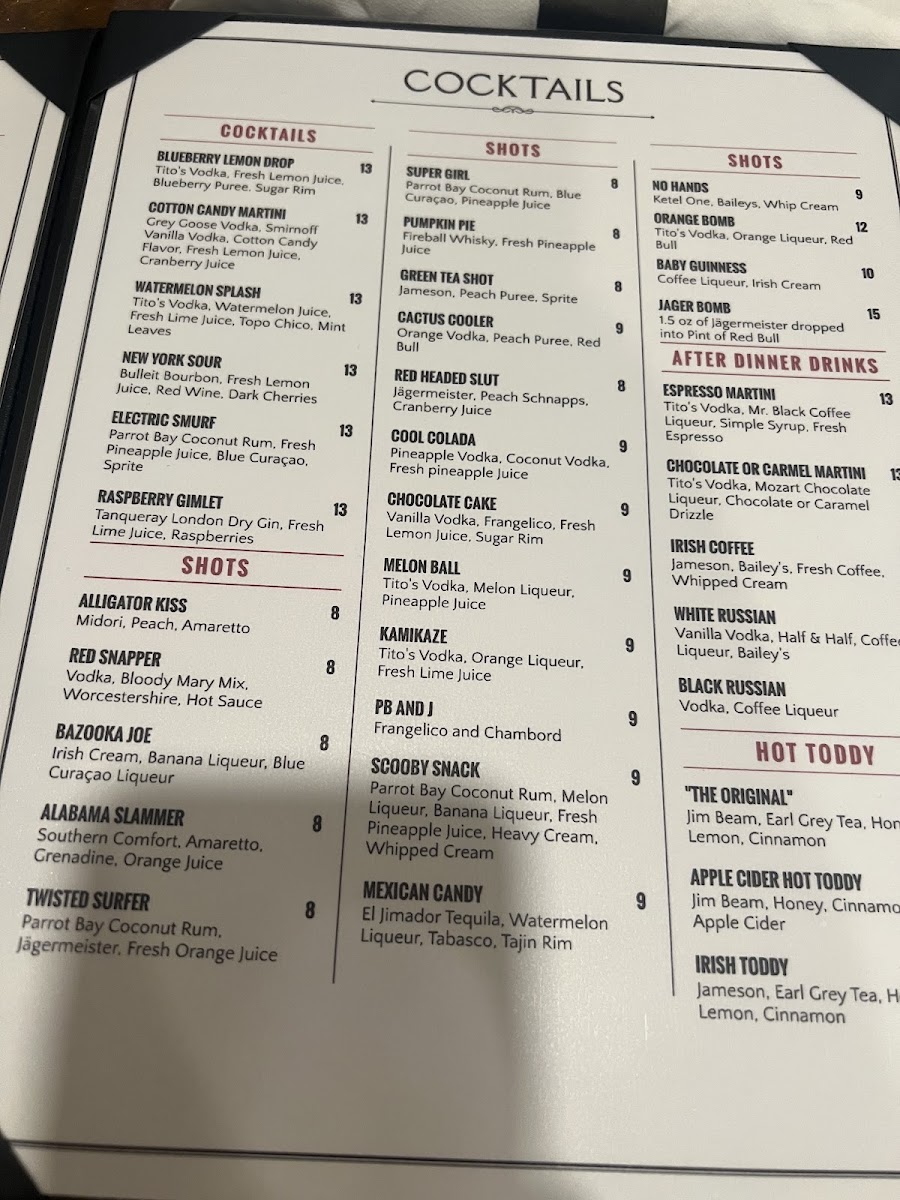 Sloppy Joes Bar & Grill menu board