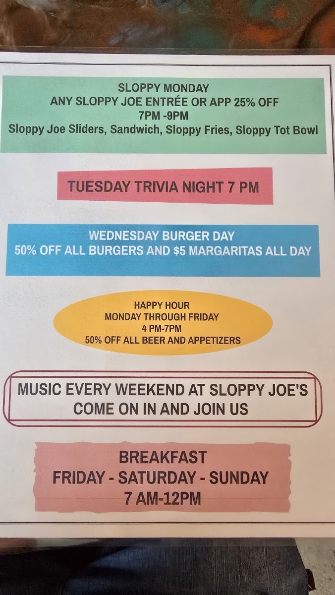 Sloppy Joes Bar & Grill menu board