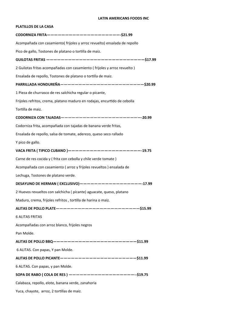LATIN AMERICANS FOODS INC menu board
