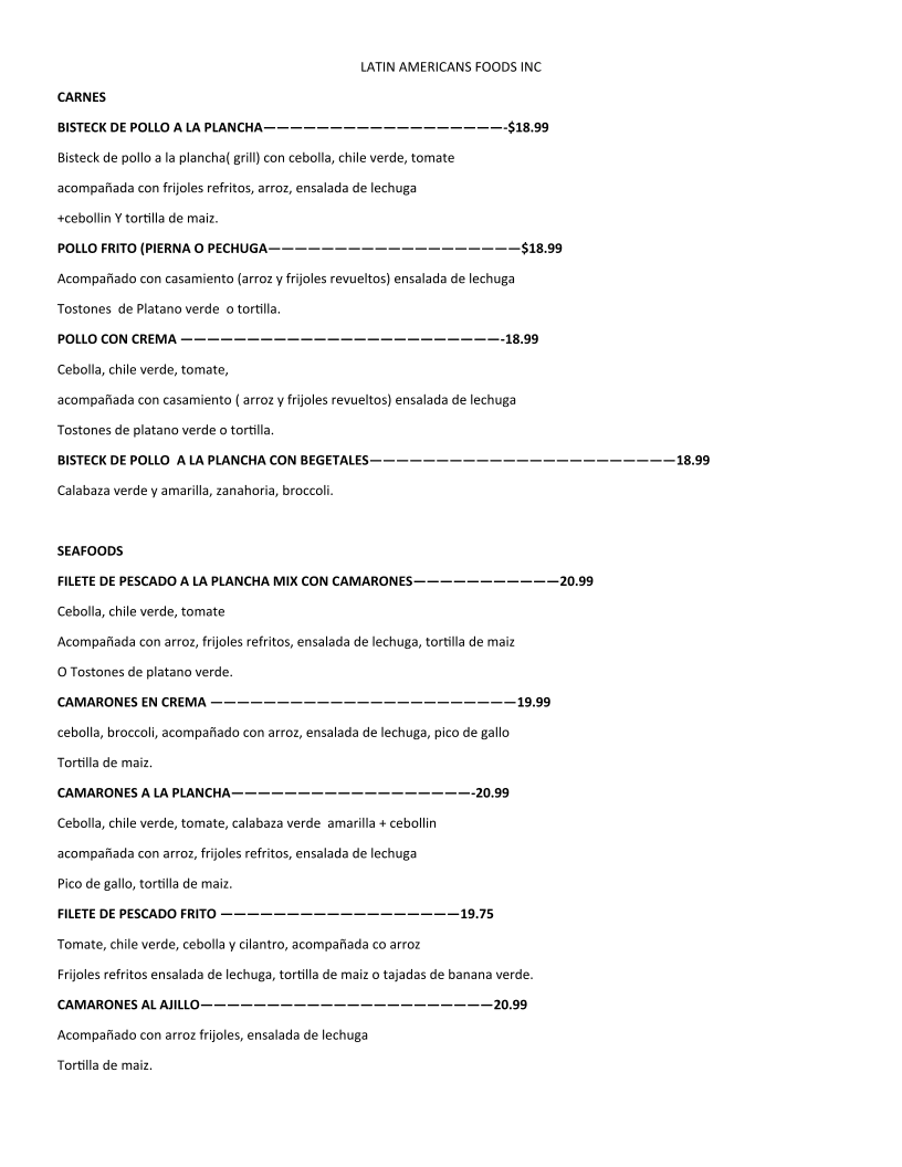 LATIN AMERICANS FOODS INC menu board