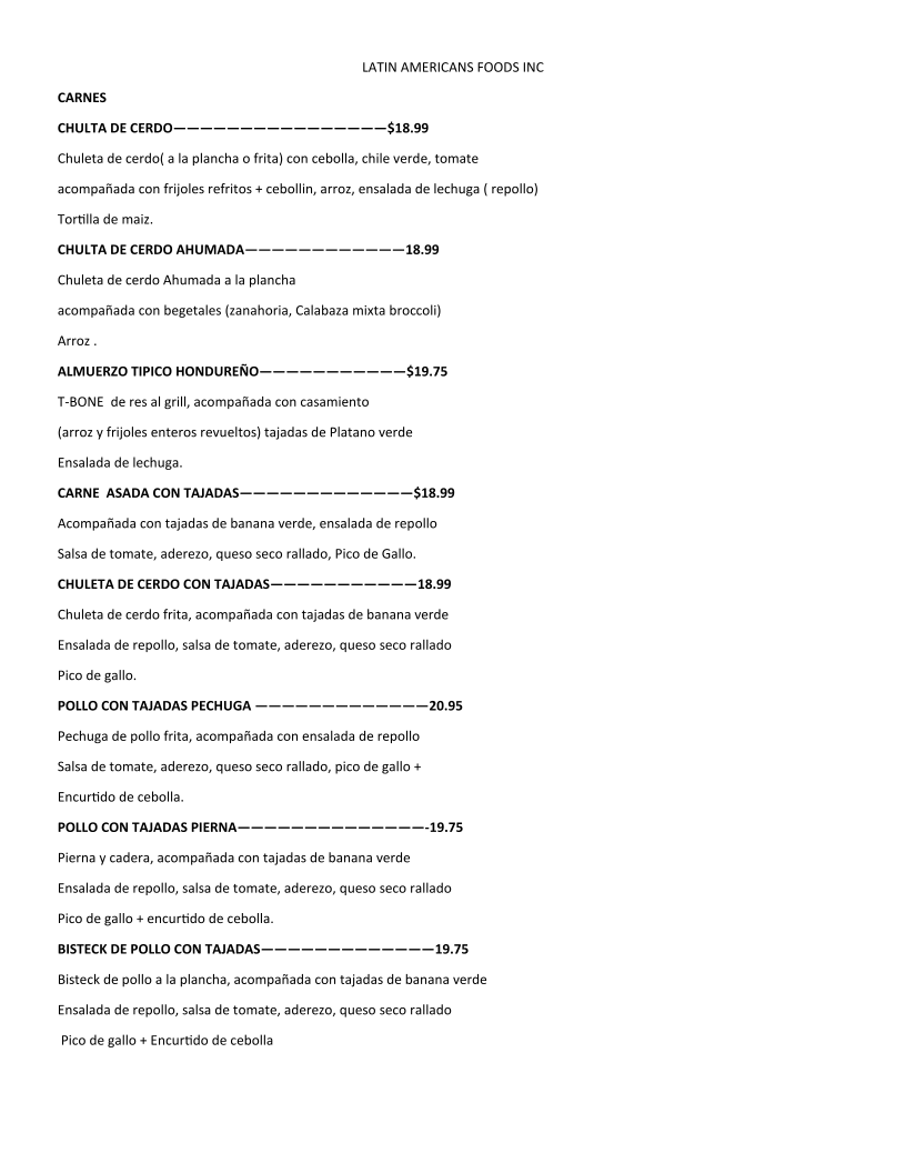 LATIN AMERICANS FOODS INC menu board
