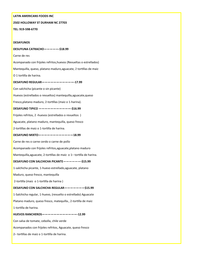 LATIN AMERICANS FOODS INC menu board