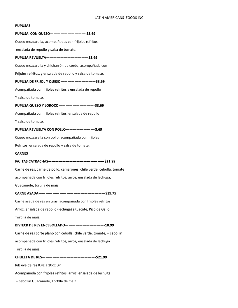LATIN AMERICANS FOODS INC menu board