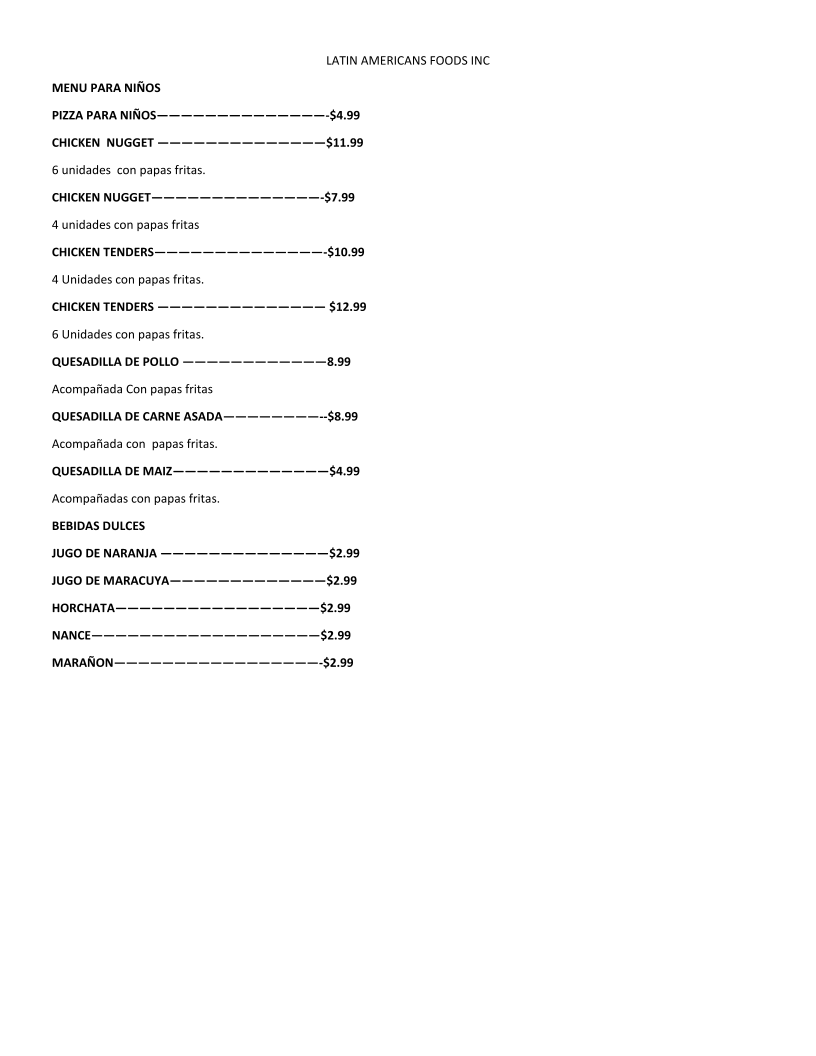 LATIN AMERICANS FOODS INC menu board