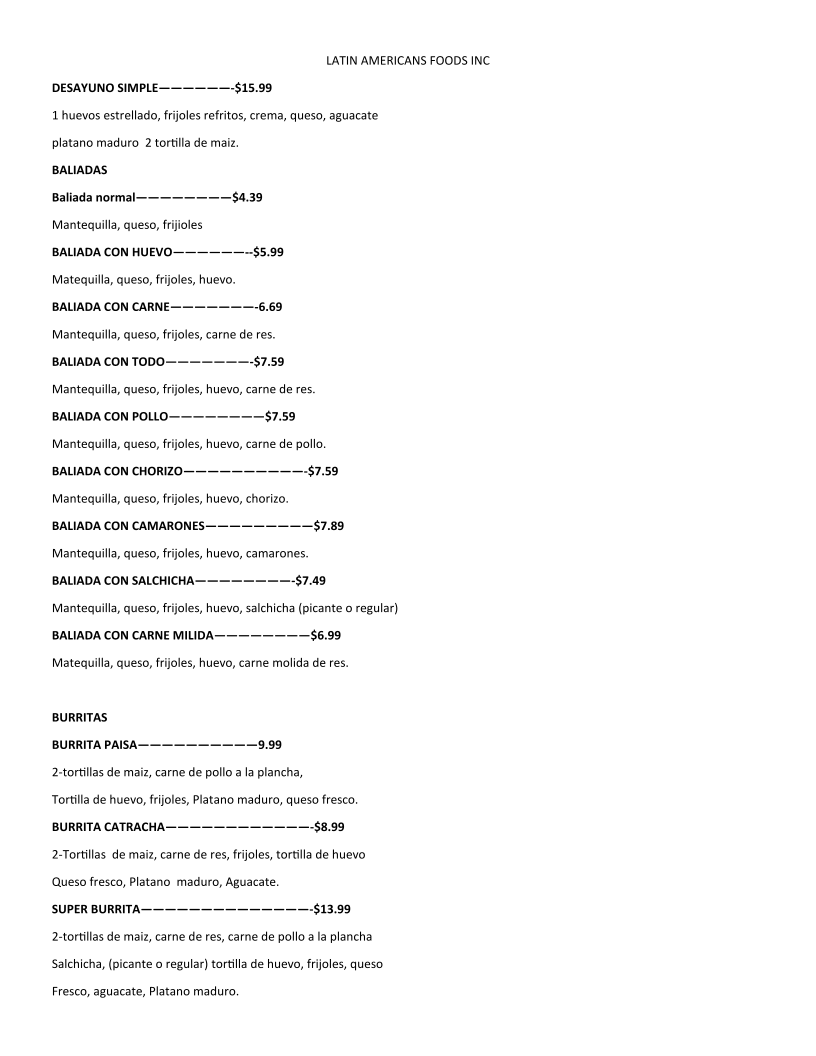 LATIN AMERICANS FOODS INC menu board