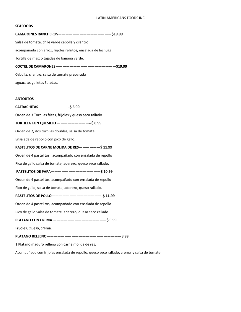 LATIN AMERICANS FOODS INC menu board