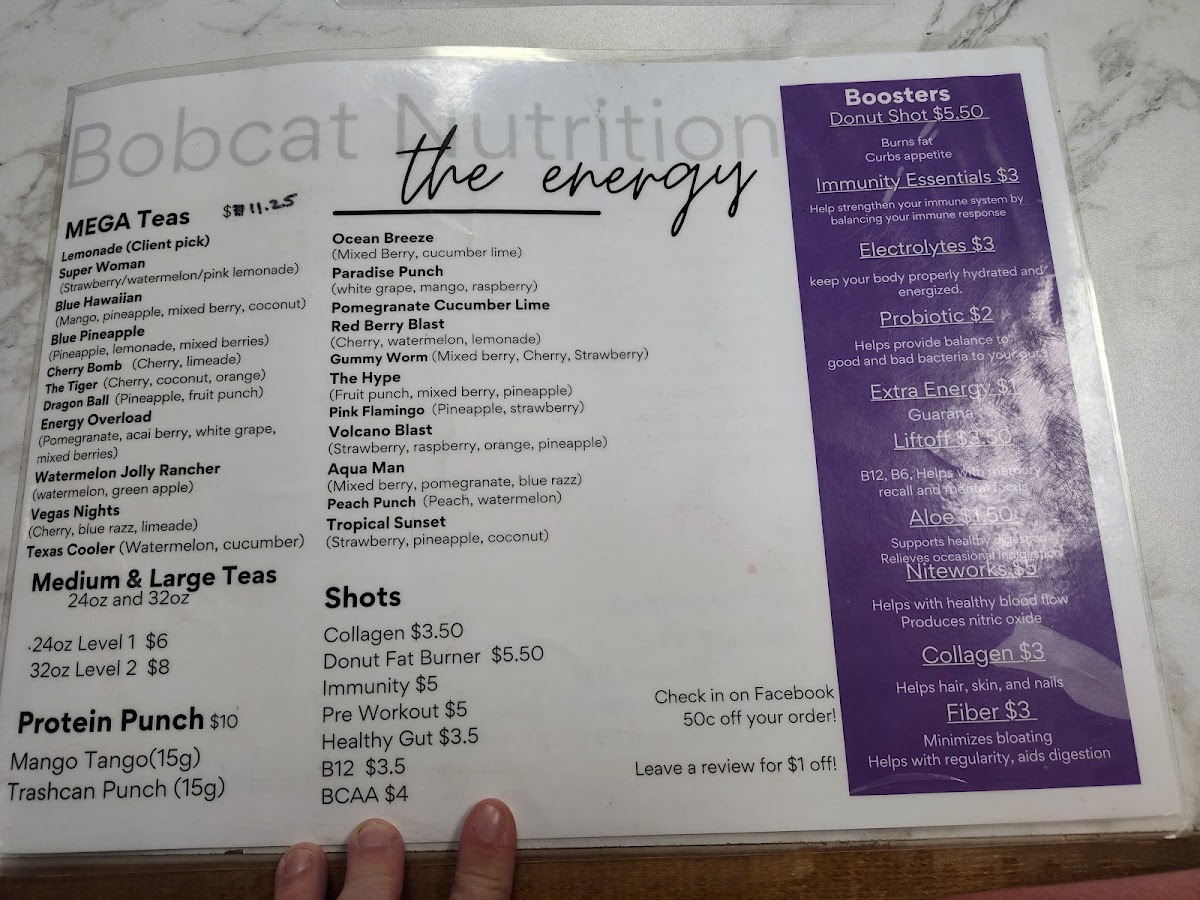 Bobcat Nutrition Hallsville, TX menu board