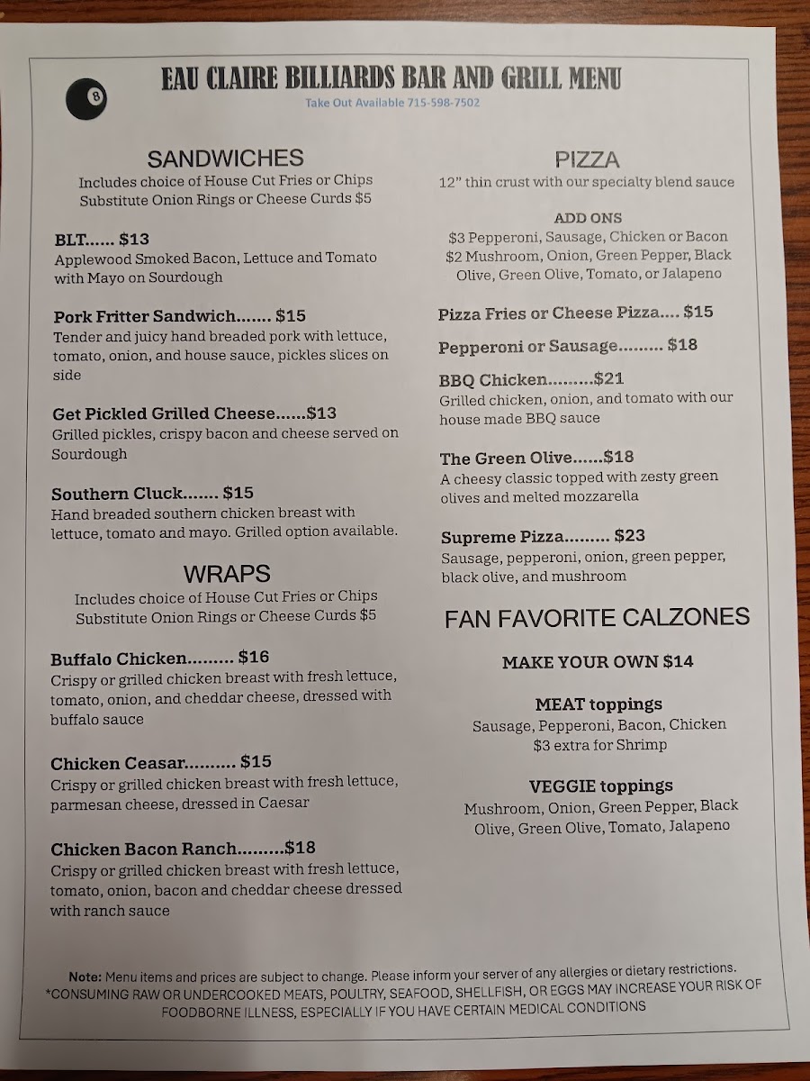 Eau Claire Billiards Bar & Grill menu board