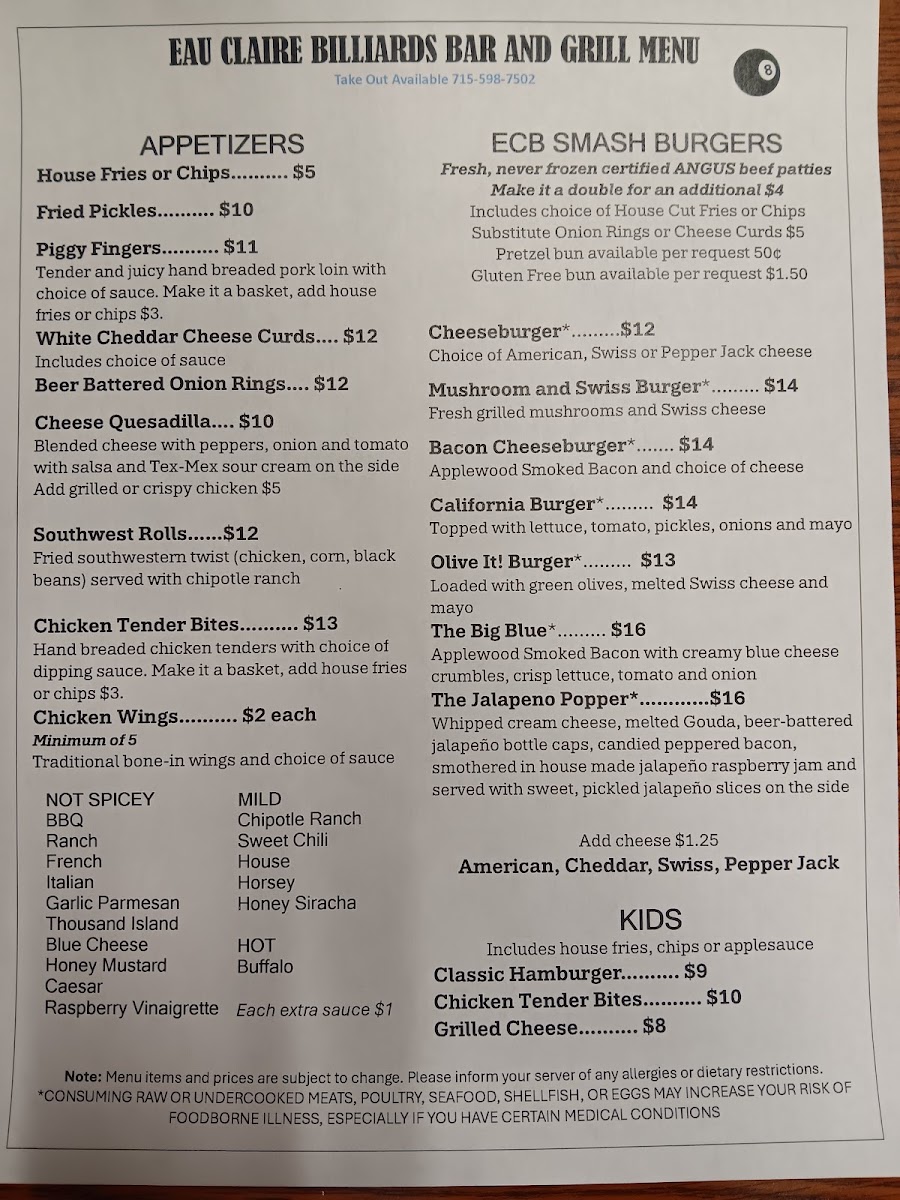 Eau Claire Billiards Bar & Grill menu board