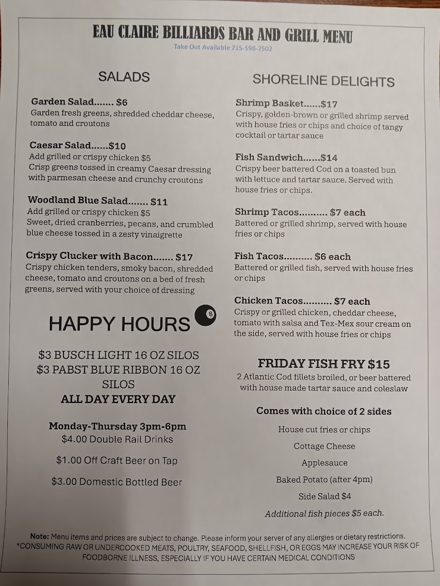 Eau Claire Billiards Bar & Grill menu board