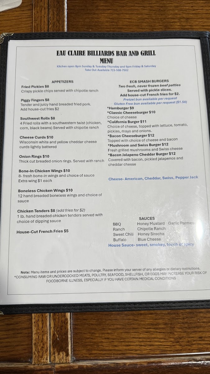 Eau Claire Billiards Bar & Grill menu board