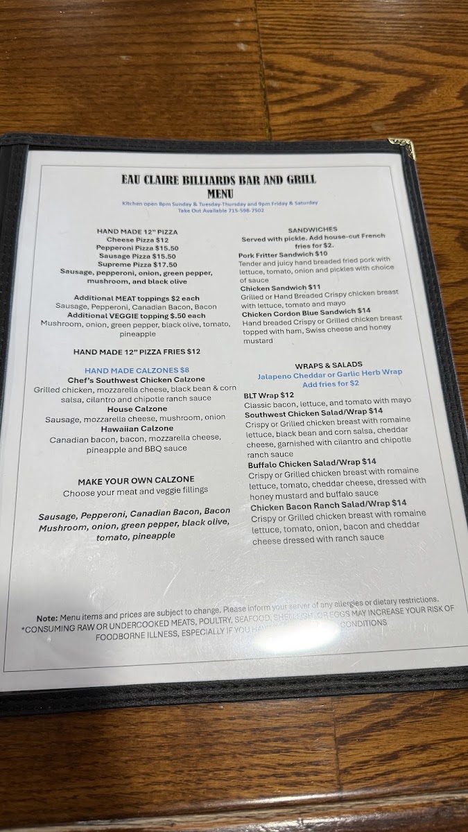 Eau Claire Billiards Bar & Grill menu board