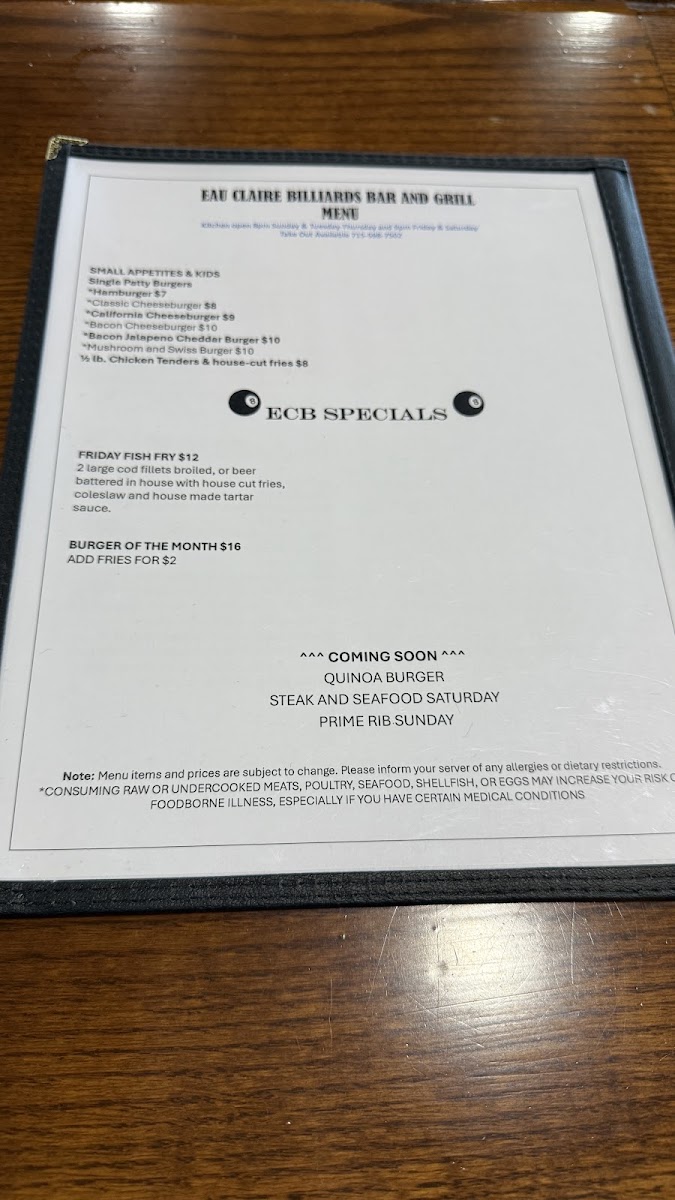Eau Claire Billiards Bar & Grill menu board