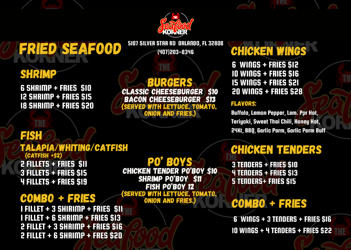 The Seafood Korner menu board