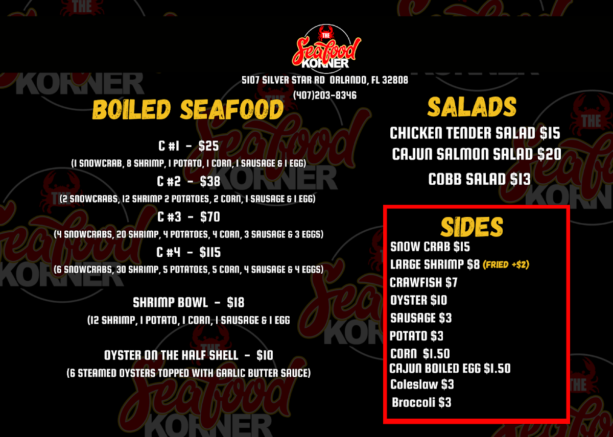 The Seafood Korner menu board