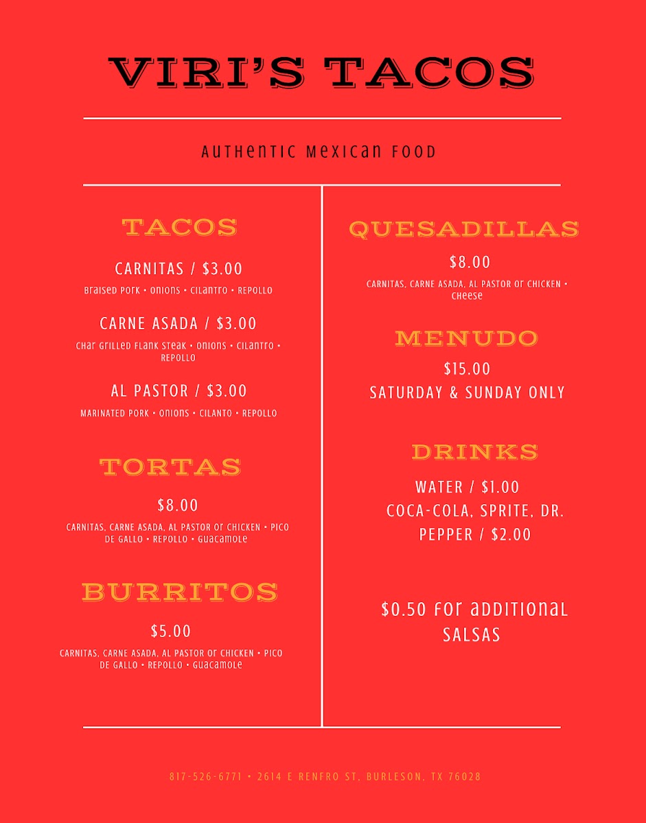Viri’s Tacos menu board