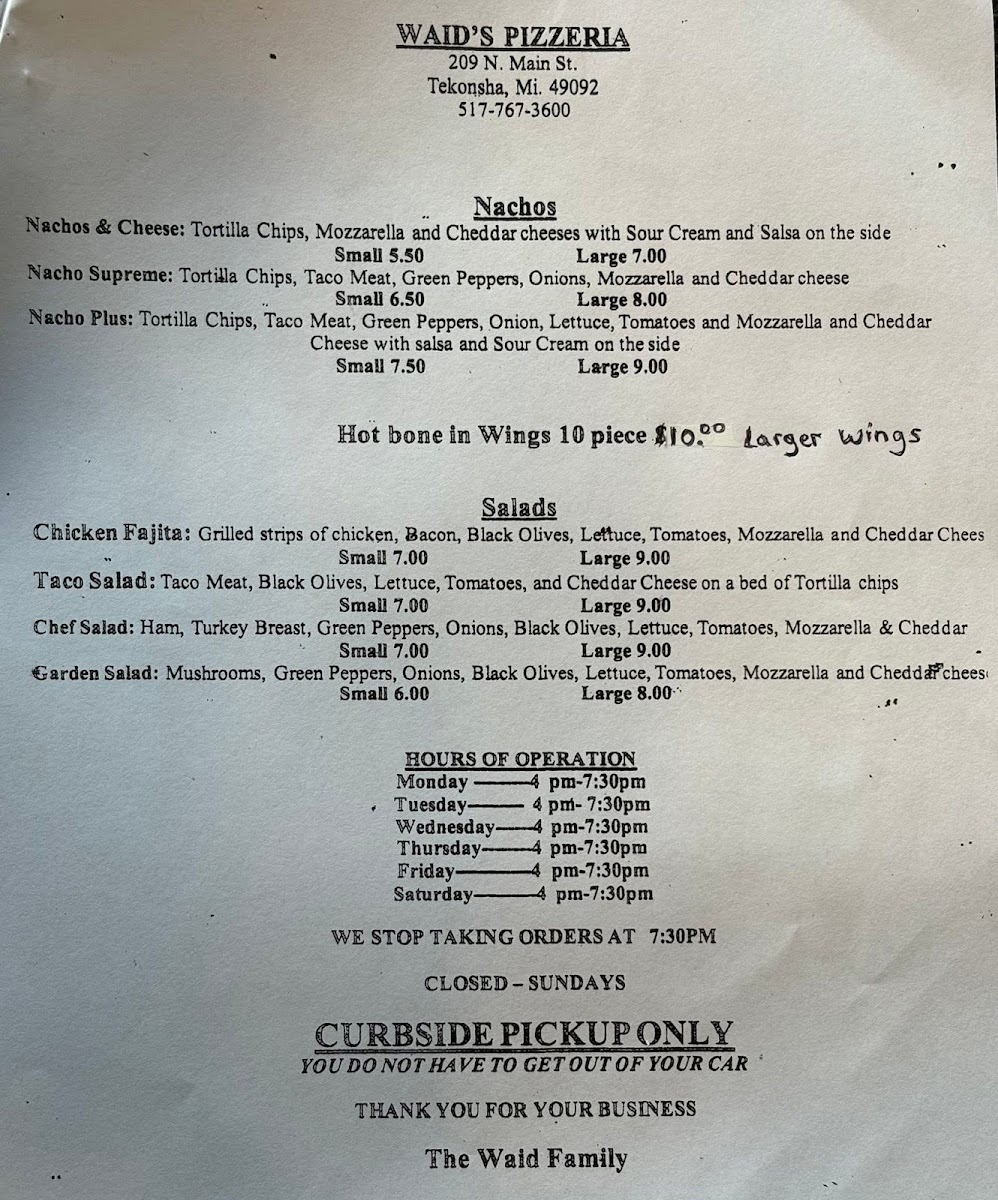 WAID'S PIZZERIA menu board