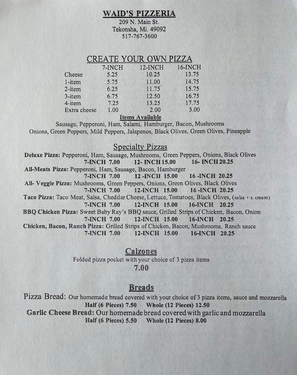 WAID'S PIZZERIA menu board