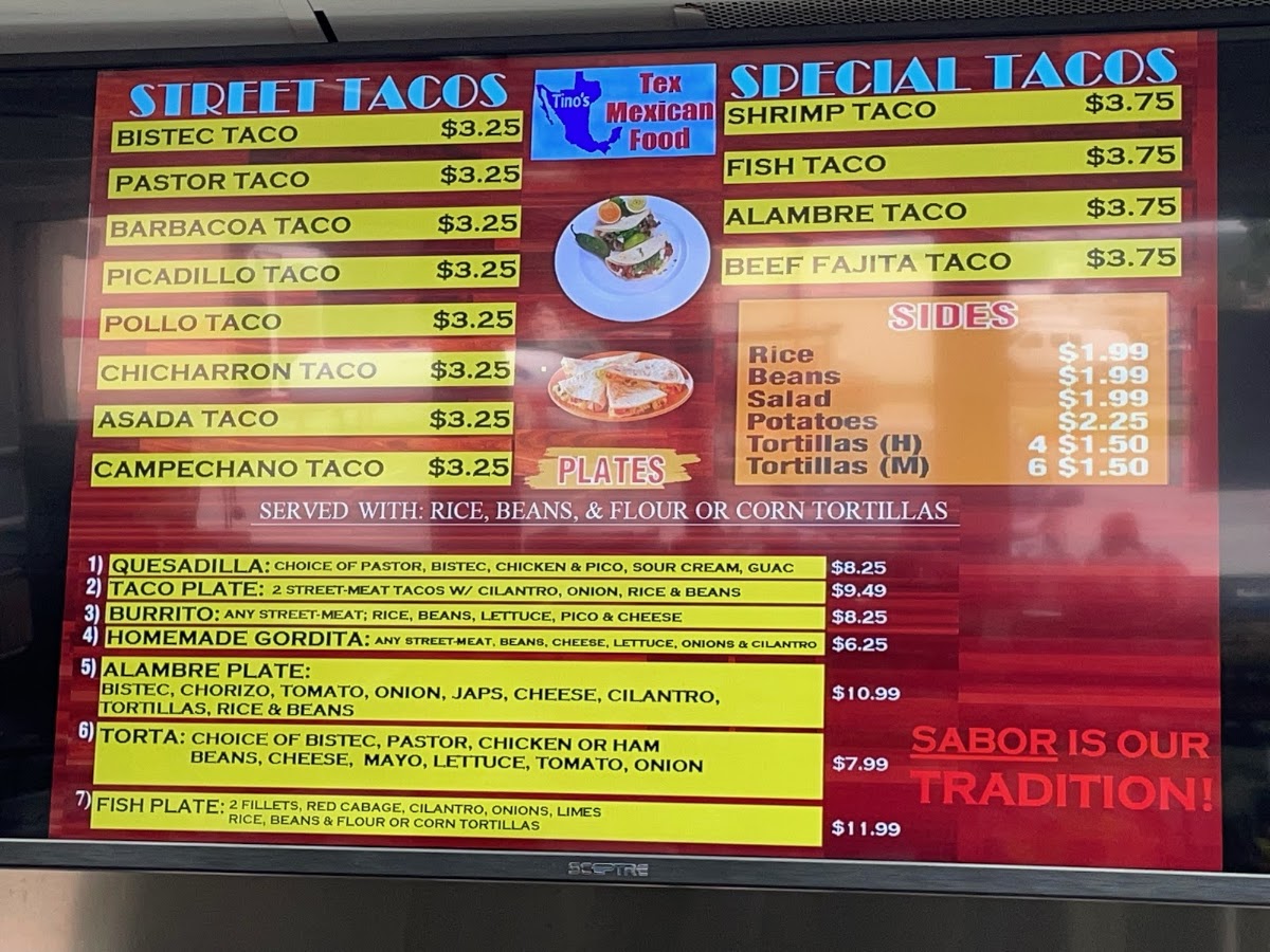 Tino's tex- Mexican food menu board