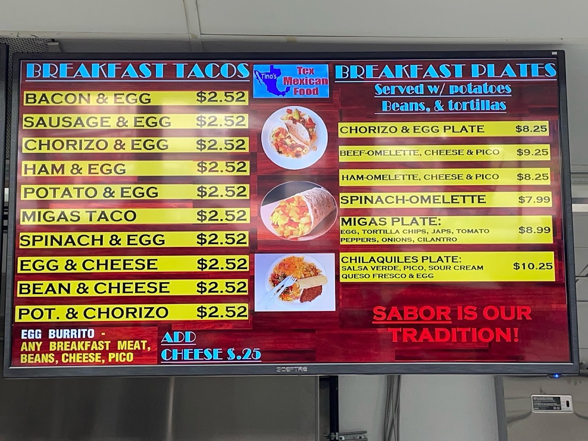 Tino's tex- Mexican food menu board